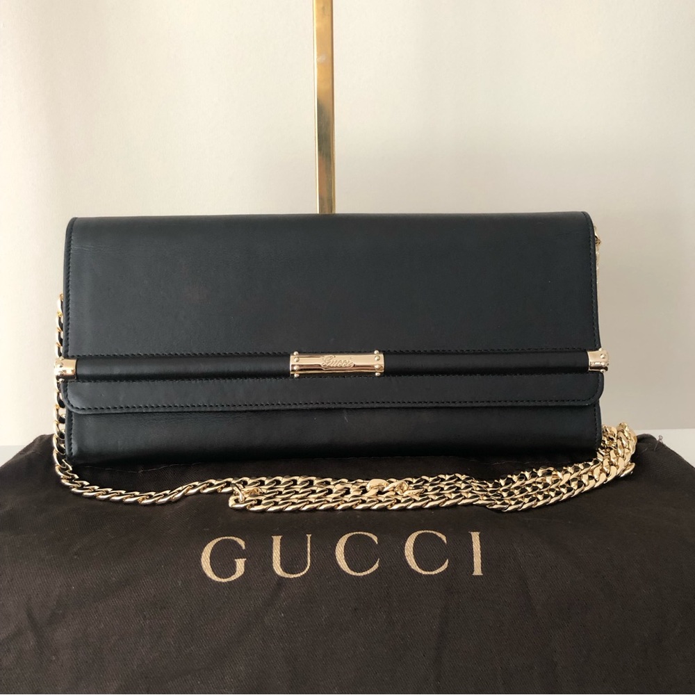 Gucci Rare Black Leather and Gold Bamboo Flap Clutch Bag - Picture 2 of 16